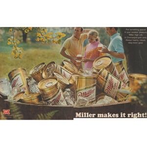 1969 Miller High Life Vintage Print Ad Beer Champagne Gold Cans Bar Decor